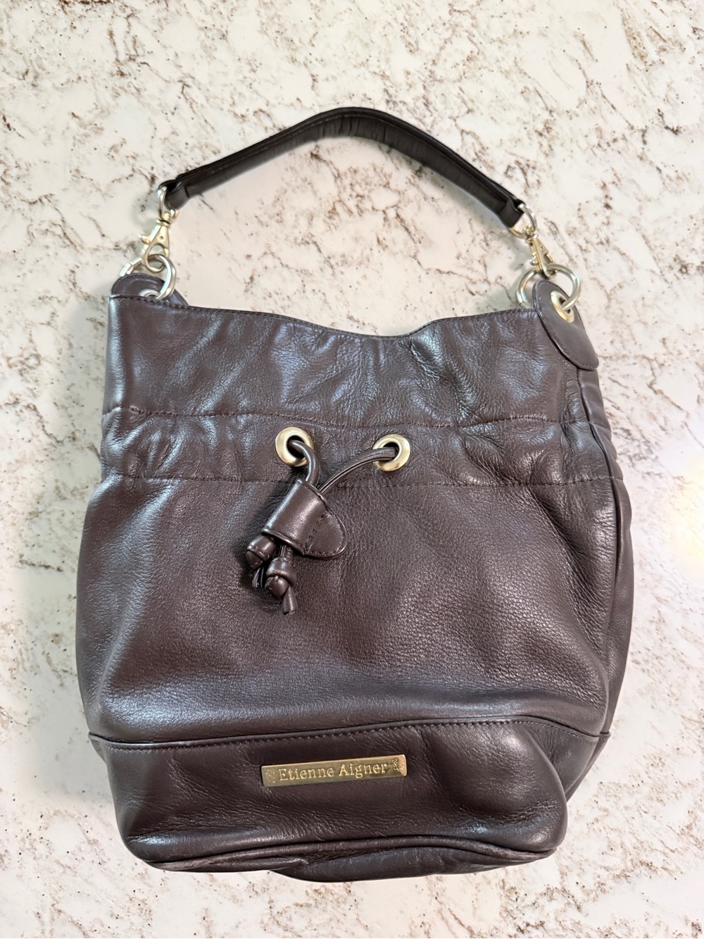 Etienne Aigner Brown Leather Bucket Drawstring Handbag